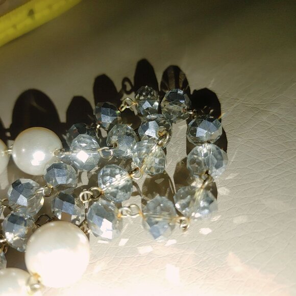 Statement Necklace Multi 8 Strand Glass Crystals Faux Pearls Gold Silver Chunky - Picture 4 of 15